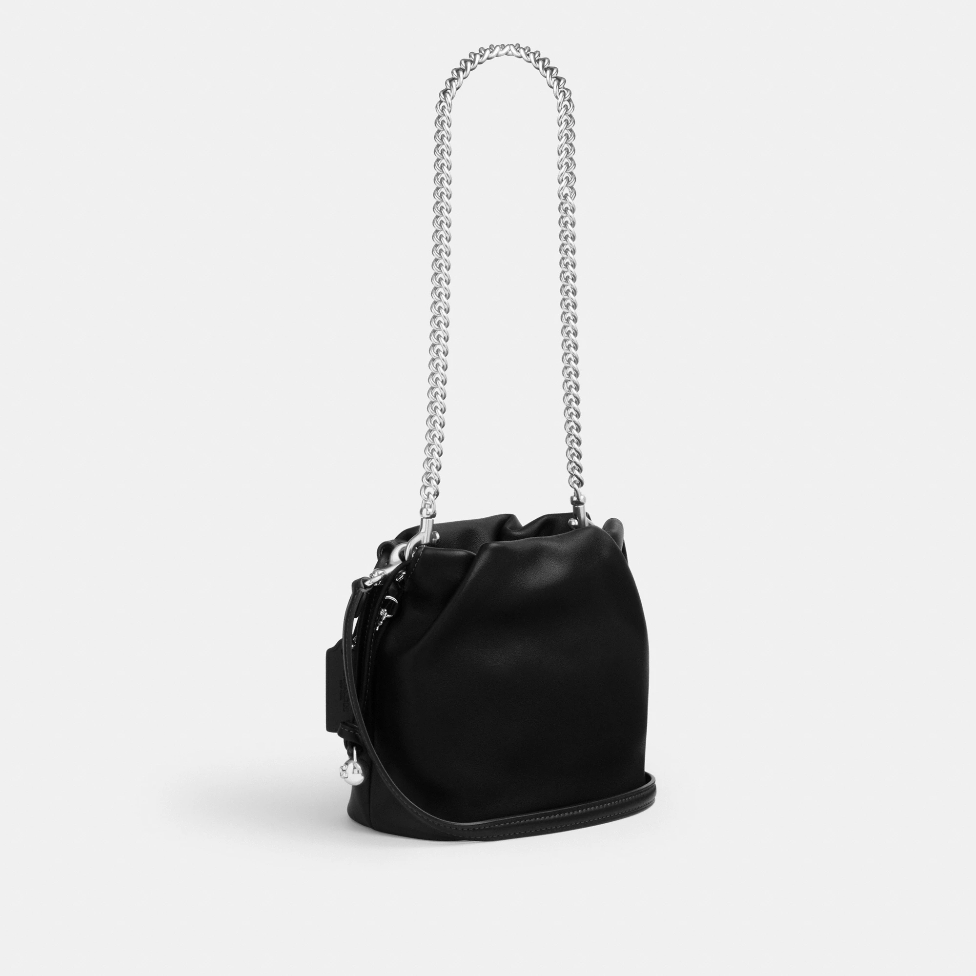 COACH®,Faye Mini Drawstring Bag,Leather,Bucket,Logo,Metal,Silver Metal,Day Party,Black,Angle View