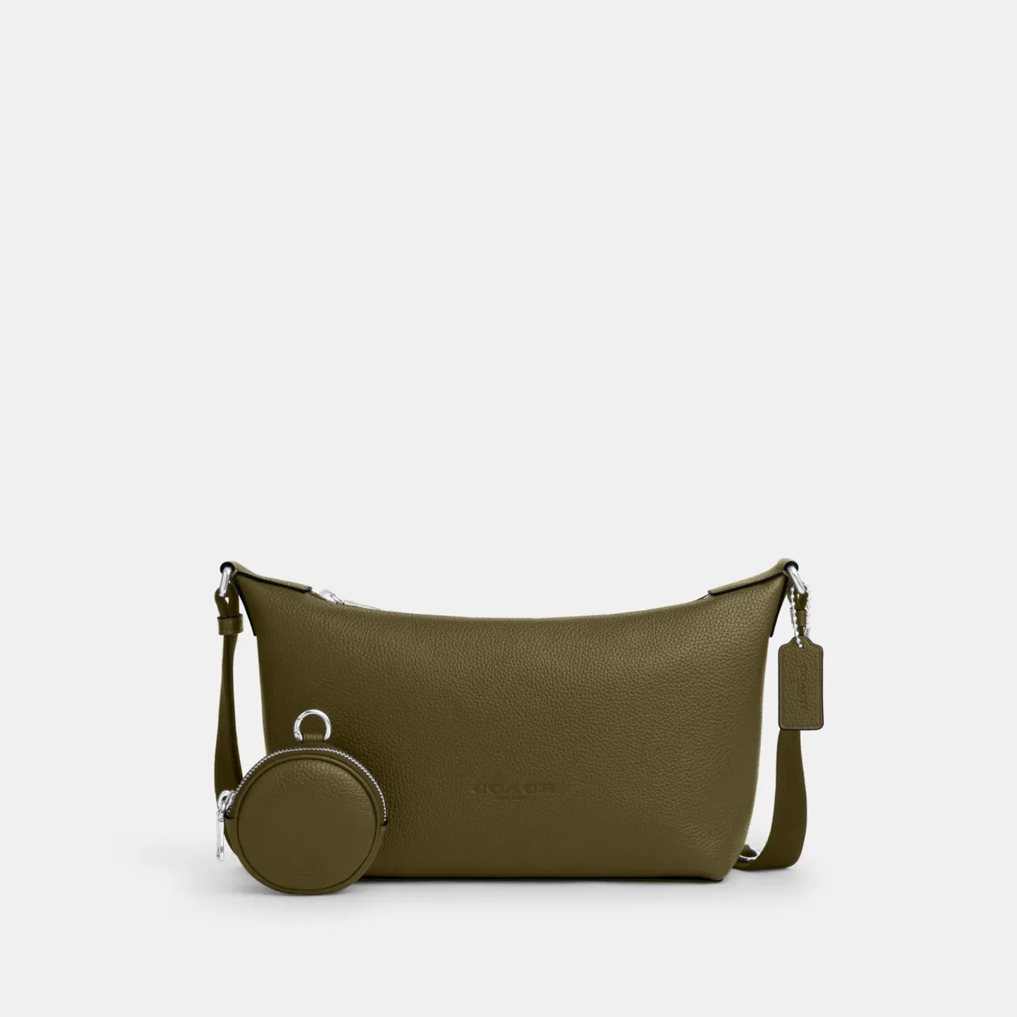 COACH®,Small Finn Crossbody Bag With Pouch,Leather,Recycled Polyester,Crossbody,Pouch,Logo,Set,Adjustable,Silver Metal,Casual,Olive,Front View