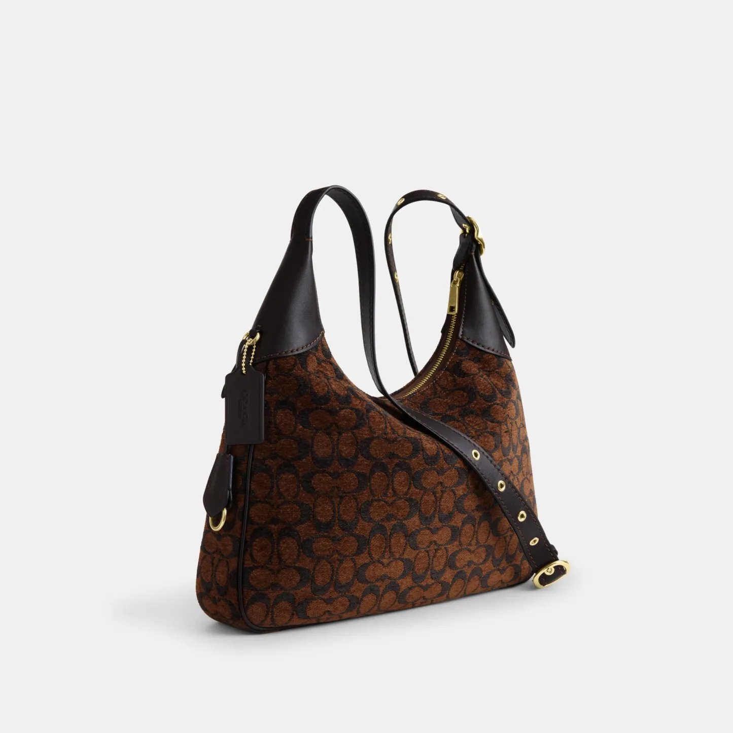 COACH®,Ella Shoulder Bag In Signature Chenille,Mixed Media,Leather,Crossbody,Word Embellishment,Logo,Metal,Lined,Adjustabl...,Brown,Angle View