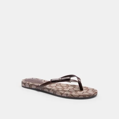 COACH®,Bow Flip Flop In Signature Jacquard,Brown,Front View