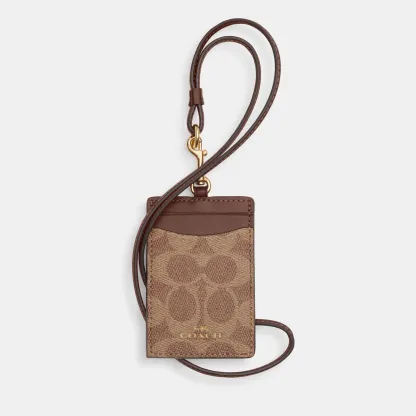 COACH®,Id Lanyard In Signaure Canvas,Canvas,Leather,Card Case,Color Block,Key Ring,Casual,Brown,Front View