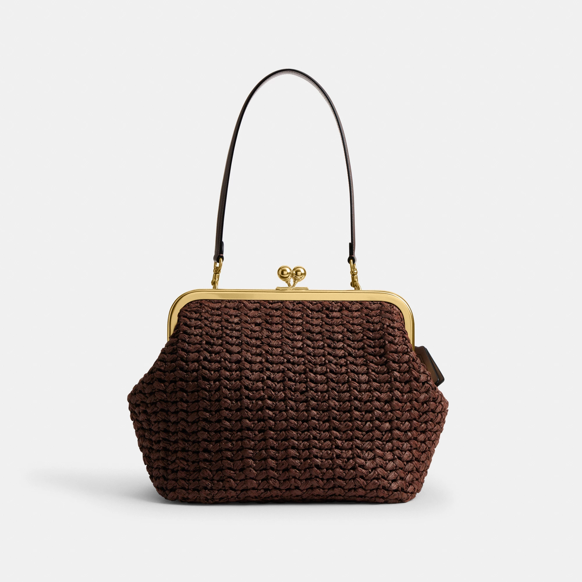 COACH®,Kisslock Frame Bag 27,Cotton,Calfskin Leather,Clutch,Metal Material,Straw,Pendant,Lined,Brass,Day Party,Brown,Front View