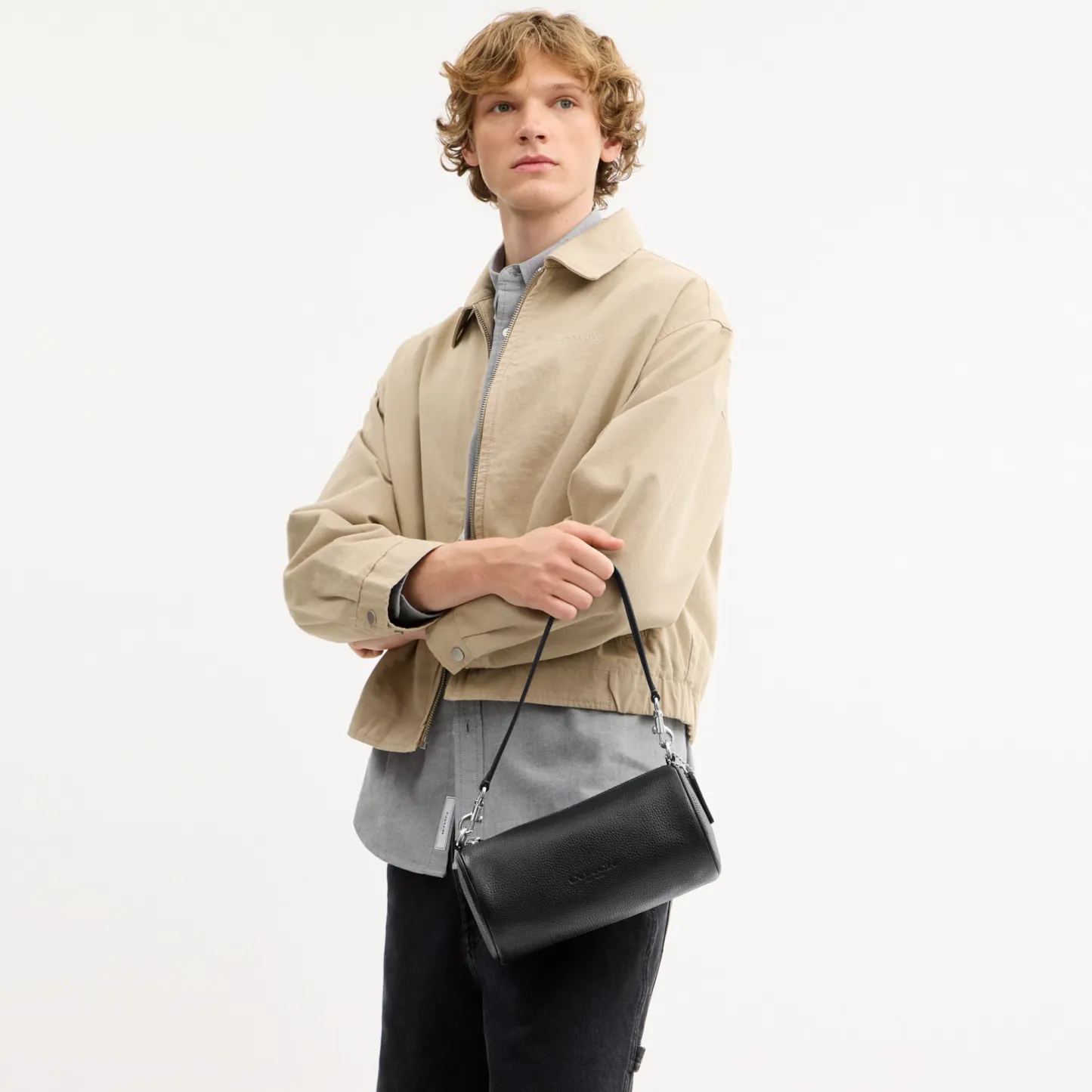 COACH®,Andre Barrel Bag 24,Recycled Polyester,Leather,Barrel Bag,Logo,Adjustable,Sustainable,Silver Metal,Casual,Black,Detail View