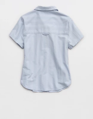 OFFLINE By Aerie Oxford Slim Short Sleeve Button Up Shirt - Eyelet Blue