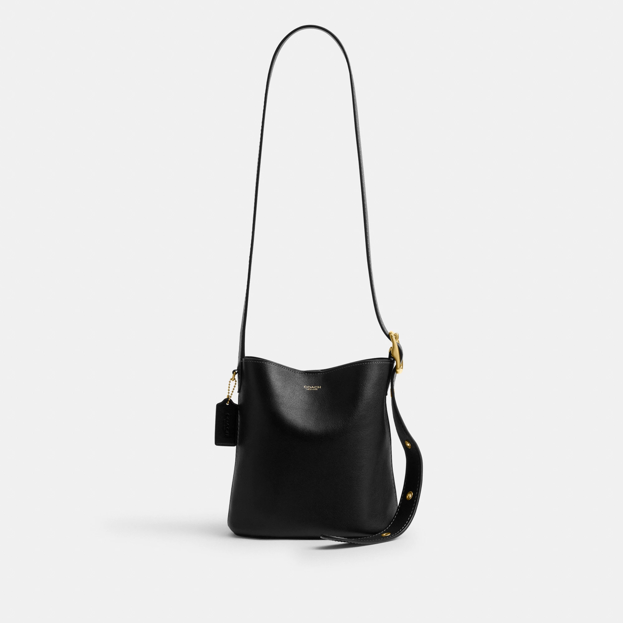 COACH®,Bleecker Bucket Bag 21,Leather,Bucket,Adjustable,Compact,Removable Pouch,Gold Metal,Casual,Black,Front View