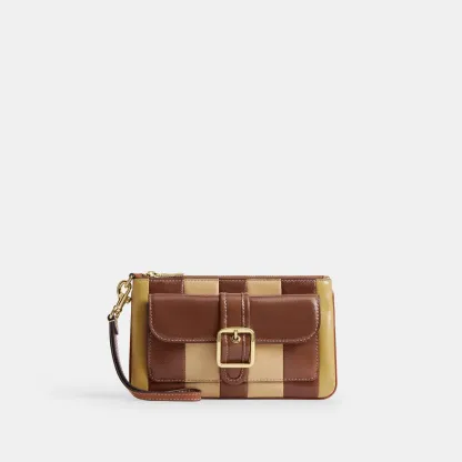 COACH®,Ashton Wristlet With Striped Patchwork,Brown,Front View