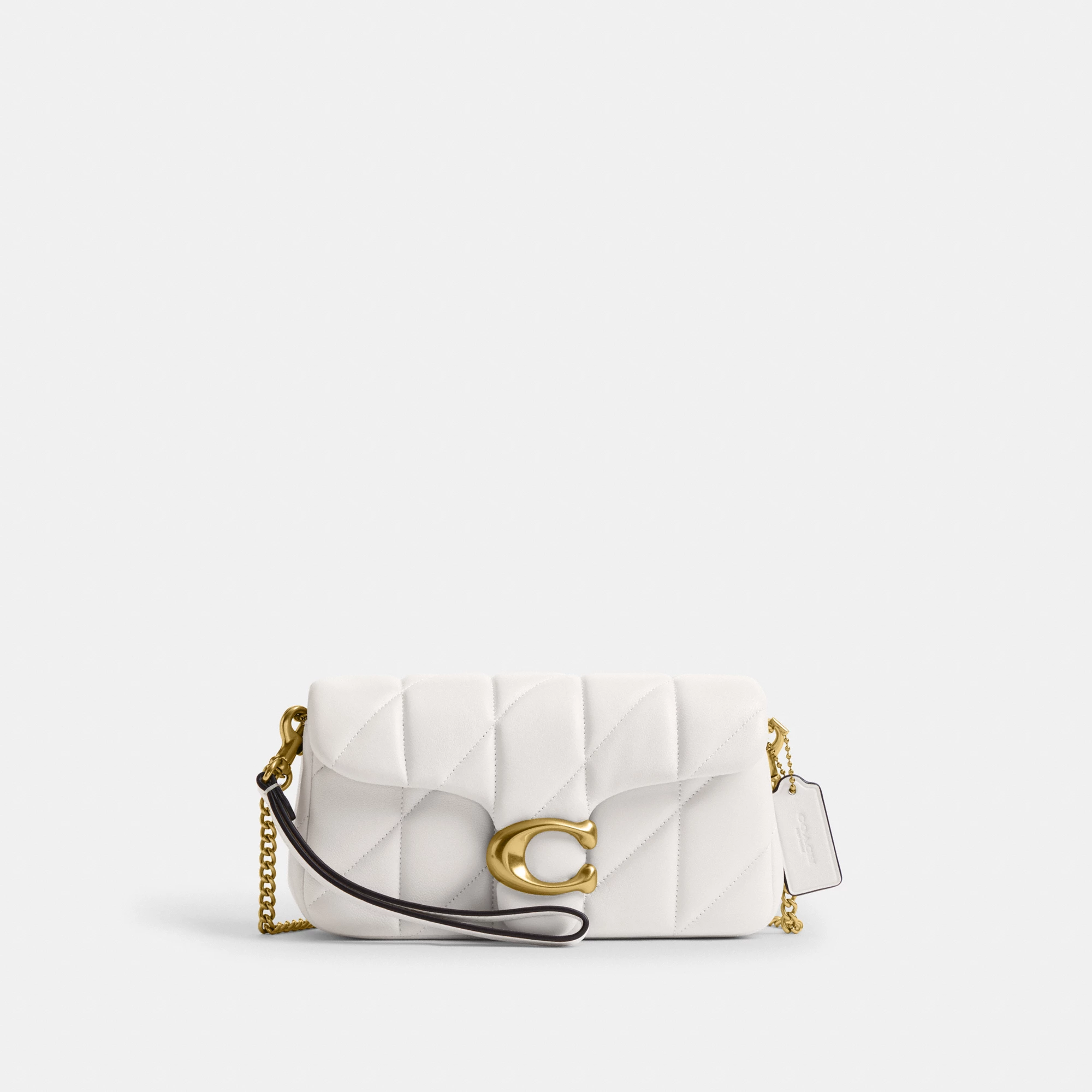 COACH®,Tabby Chain Crossbody Bag 19 With Quilting,Lining Leather,Leather,Crossbody,Wristlet,Logo,Pattern,Stitching,Embelli...,White,Front View
