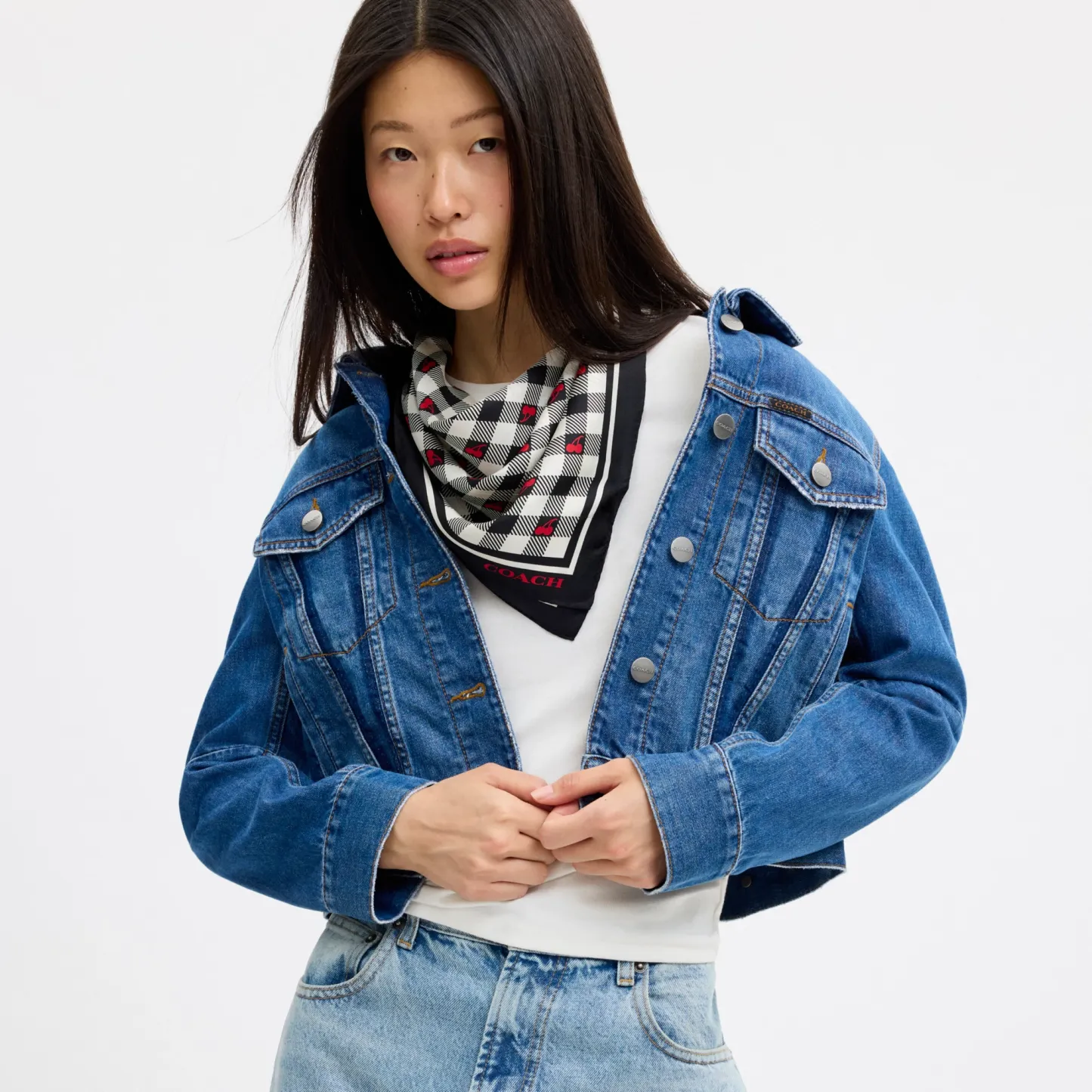 COACH®,Gingham Cherry Print Silk Bandana,,Detail View