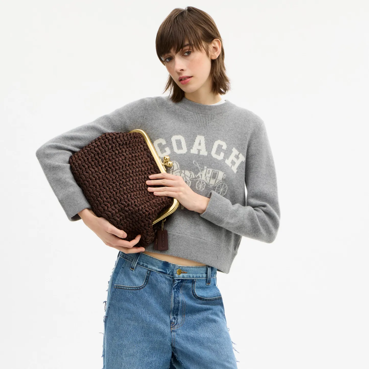 COACH®,Kisslock Frame Bag 27,Cotton,Calfskin Leather,Clutch,Metal Material,Straw,Pendant,Lined,Brass,Day Party,Brown,Detail View