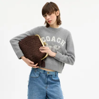 COACH®,Kisslock Frame Bag 27,Cotton,Calfskin Leather,Clutch,Metal Material,Straw,Pendant,Lined,Brass,Day Party,Brown,Detail View