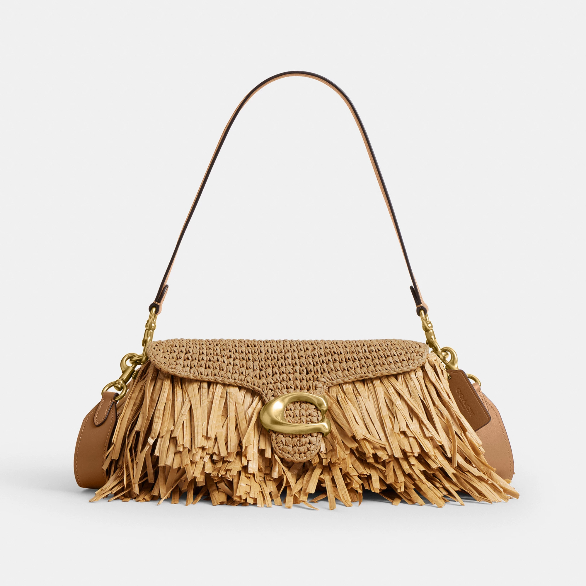 COACH®,Tabby Shoulder Bag 26,Crossbody,Shoulder Bag,Straw,Logo,Fringe,Brass,Casual,Beige,Front View