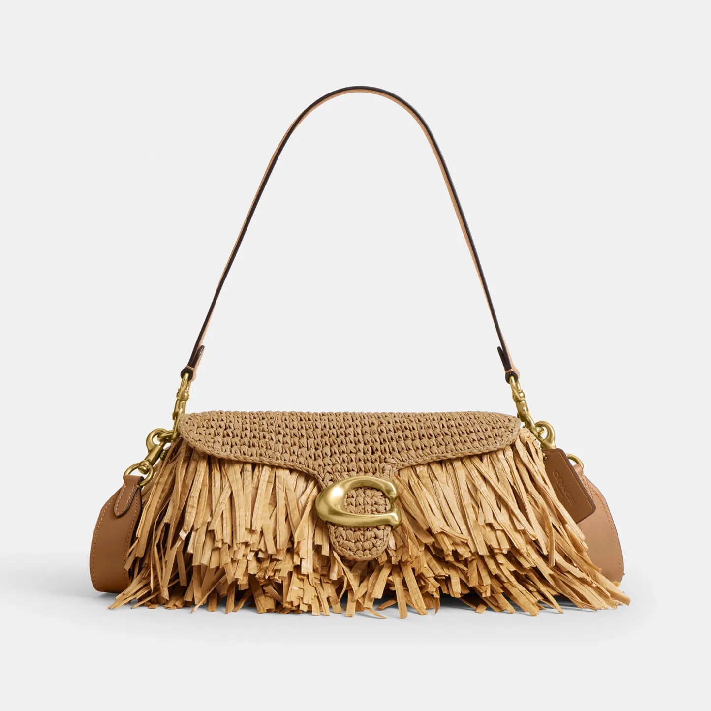 COACH®,Tabby Shoulder Bag 26,Crossbody,Shoulder Bag,Straw,Logo,Fringe,Brass,Casual,Beige,Front View