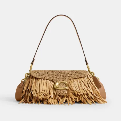 COACH®,Tabby Shoulder Bag 26,Crossbody,Shoulder Bag,Straw,Logo,Fringe,Brass,Casual,Beige,Front View