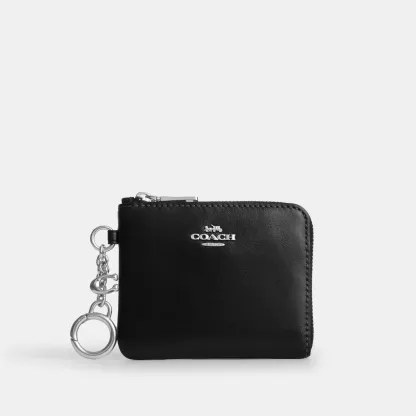 COACH®,Small Corner Zip Wallet,Leather,Coin,Metal Material,Logo,Silver Metal,Casual,Black,Front View