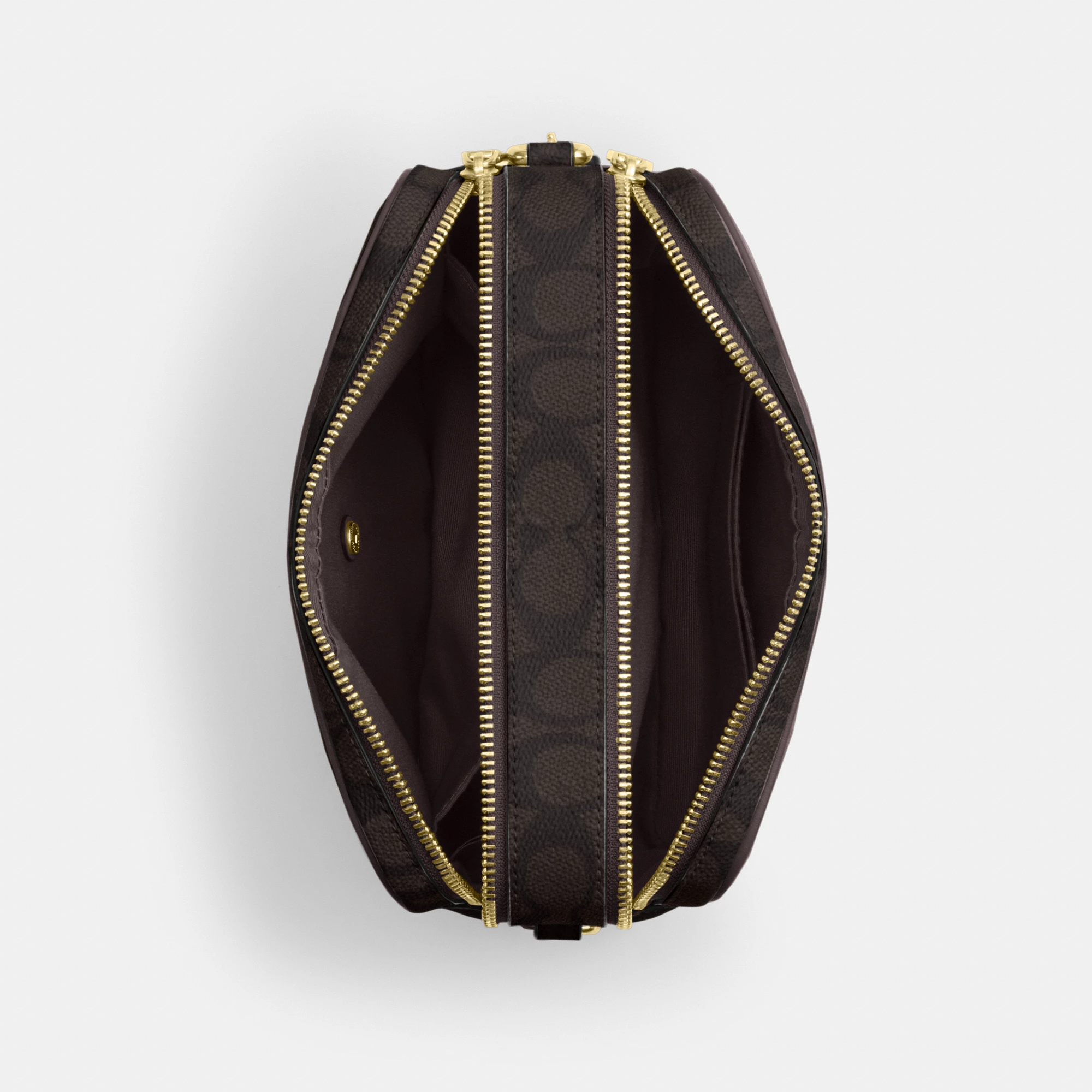 COACH®,Carey Crossbody Bag In Signature Canvas,Leather,Canvas,Recycled Polyester,Camera Bag,Metal,Logo,Sustainable,Gold Pl...,Brown,Inside View,Top View