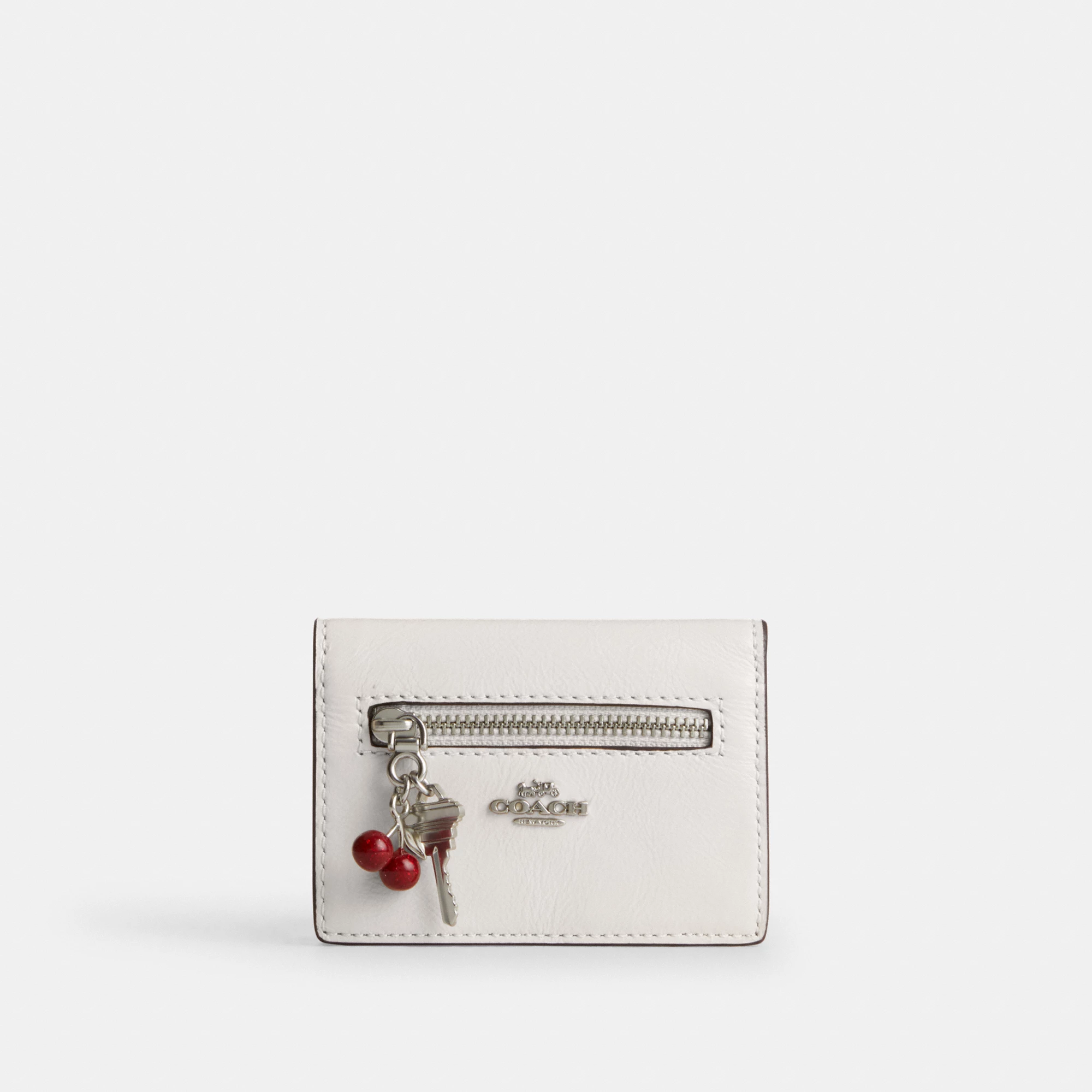 COACH®,Card Case With Charms,Leather,Card Case,Logo,Silver Metal,Casual, Father's Day,White,Front View