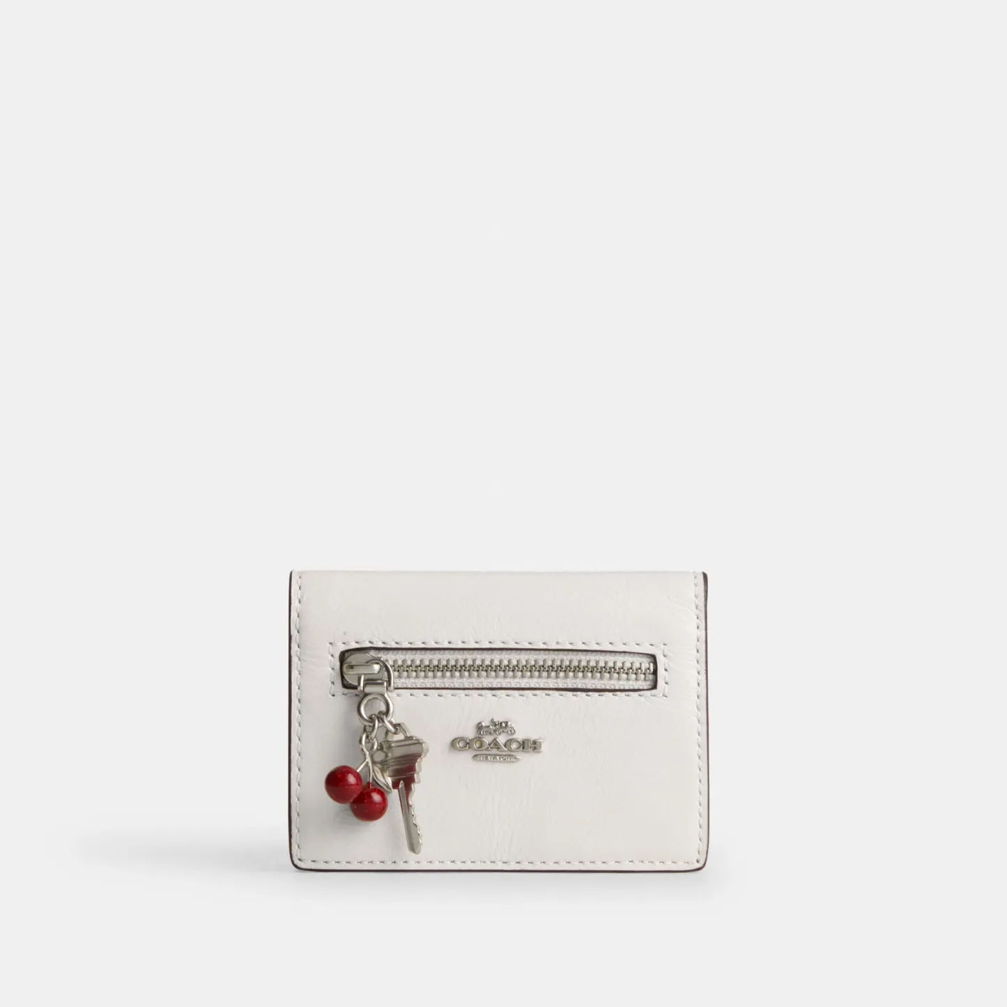 COACH®,Card Case With Charms,Leather,Card Case,Logo,Silver Metal,Casual, Father's Day,White,Front View
