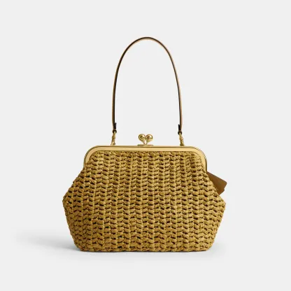 COACH®,Kisslock Frame Bag 27,Cotton,Calfskin Leather,Clutch,Metal Material,Straw,Pendant,Lined,Brass,Day Party,Beige,Front View