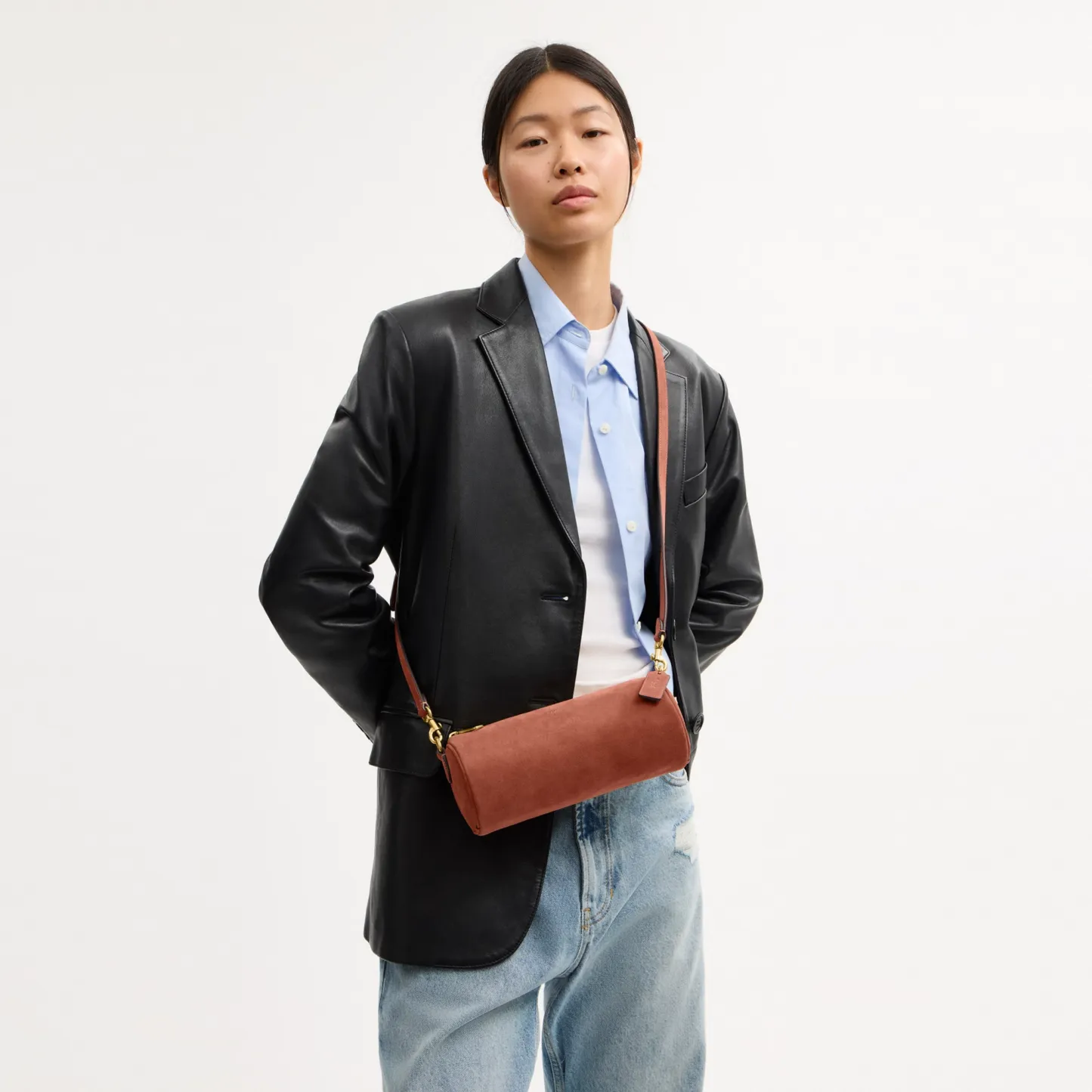 COACH®,Barrel Bag,Calfskin Leather,Suede,Barrel Bag,Pendant,Lined,Adjustable,Brass,Casual,Brown,Detail View