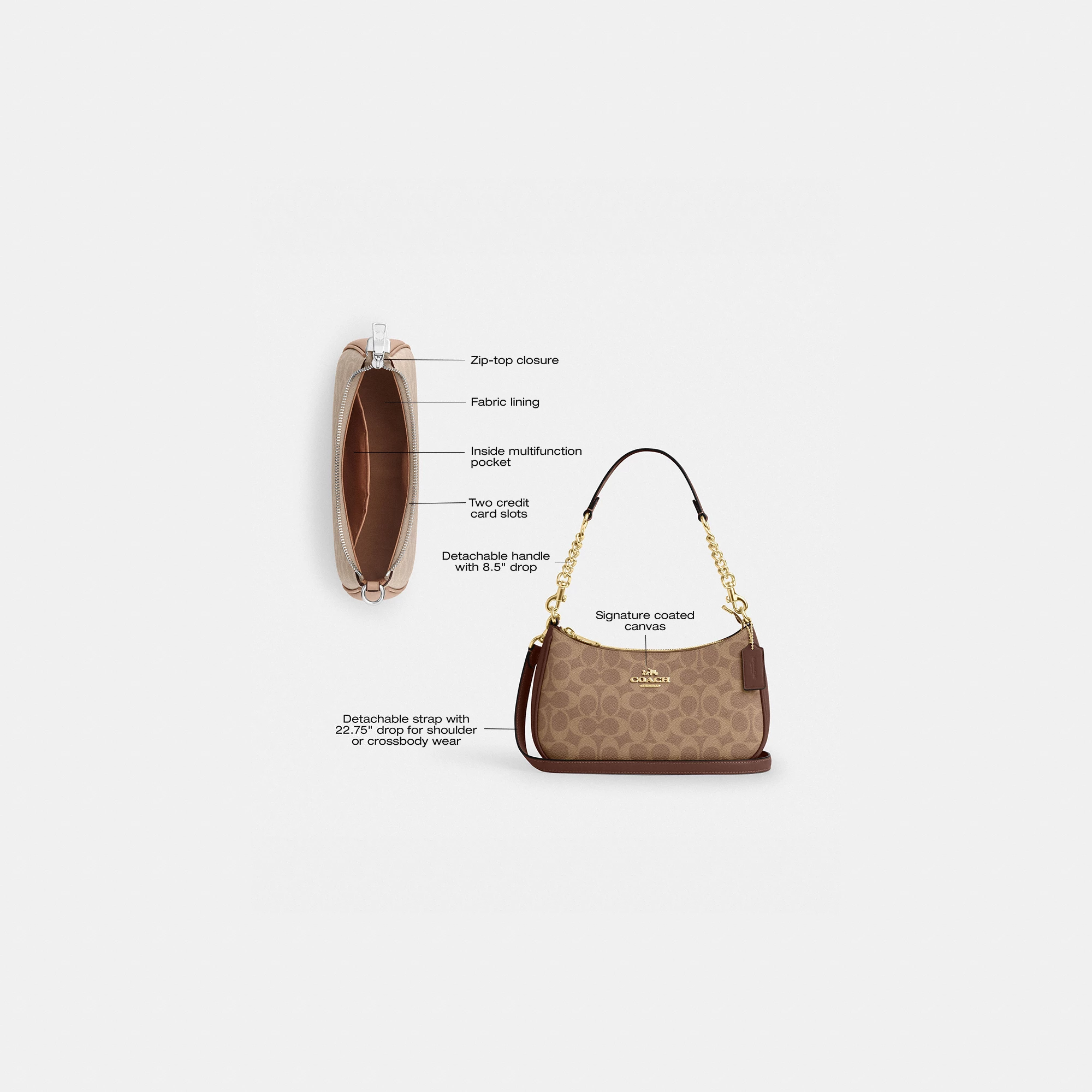 COACH®,Teri Shoulder Bag In Signature Canvas,Shoulder Bag,Logo,Tag Embellishment,Embossed,Metal,Casual,Brown