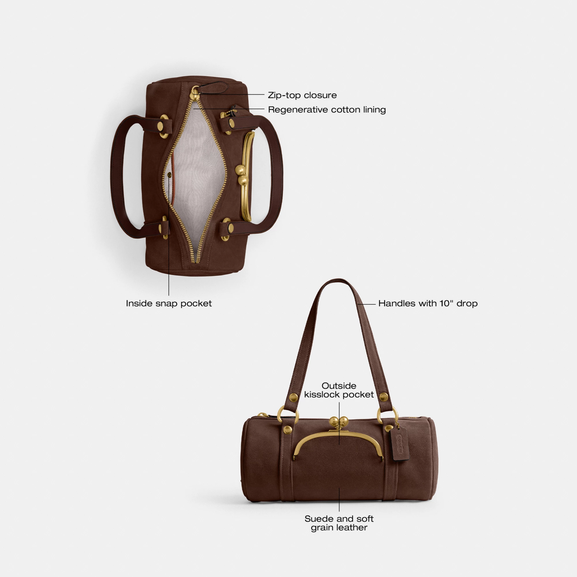 COACH®,Kisslock Barrel Bag,Lining Cotton Knit,Lining Cotton,Suede,Barrel Bag,Pendant,Brass,Day Party,Brown