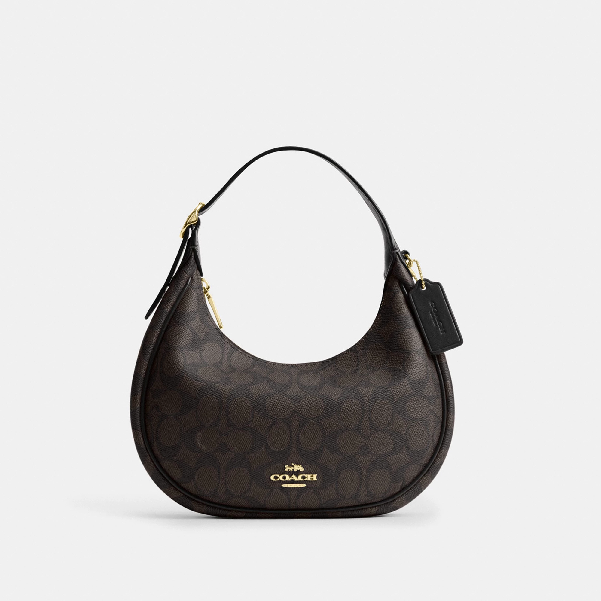 COACH®,Emily Shoulder Bag In Signature Canvas,Leather,Recycled Polyester,Canvas,Shoulder Bag,Metal,Pendant,Piping,Logo,Sus...,Black,Front View