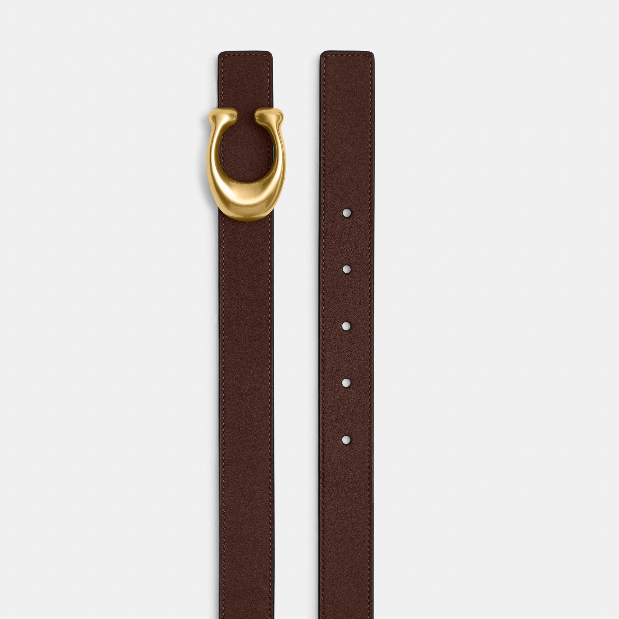 COACH®,Sculpted C Buckle Reversible Belt, 25 Mm,Leather,Standard,Metal Material,Logo,Metal,Reversible,Brass Gold,Day Party,Brown,Angle View