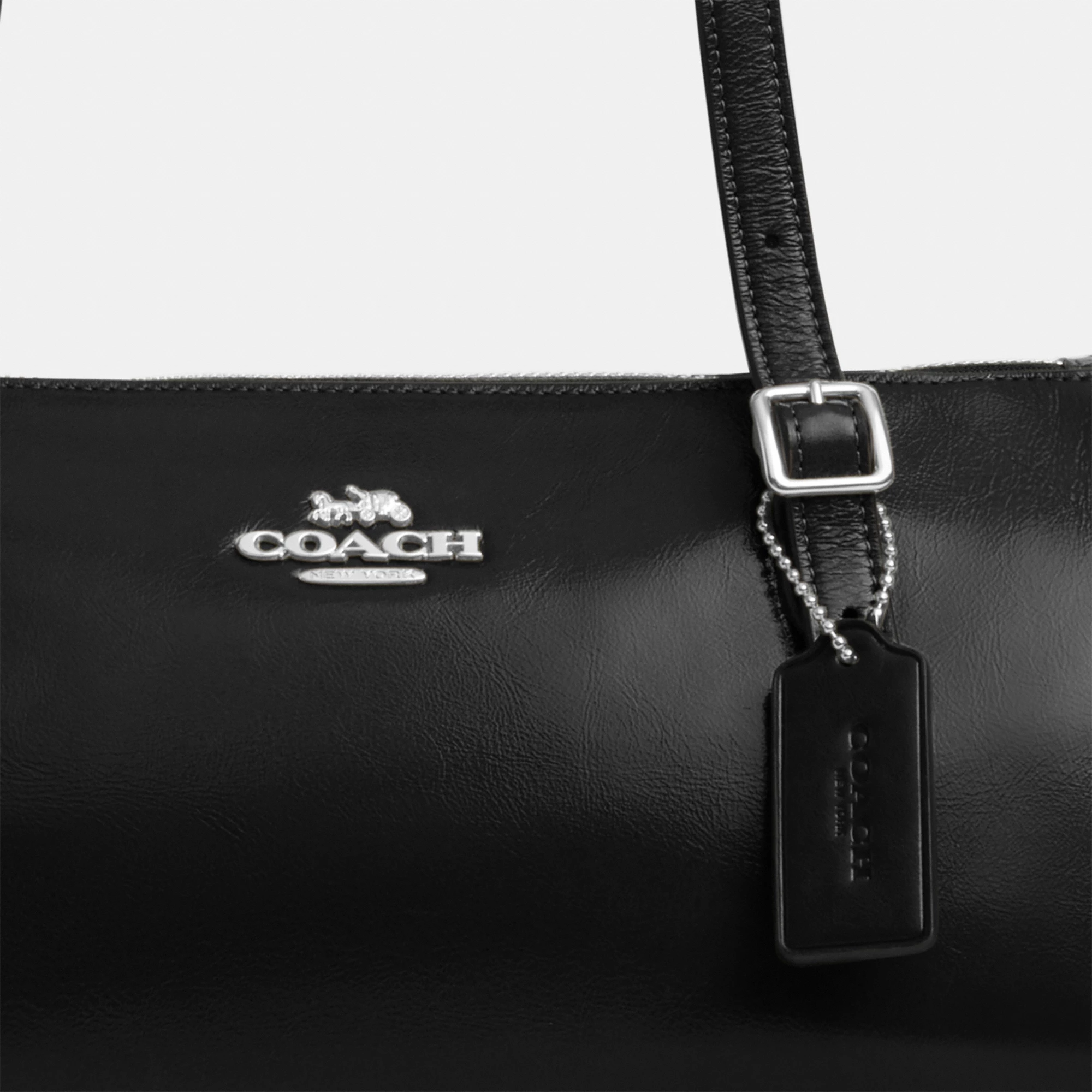 COACH®,Asher Shoulder Bag,Leather,Shoulder Bag,Logo,Metal,Luggage Tag,Adjustable,Compact,Key Ring,Lined,Silver Metal,Casual,Black,Closer View