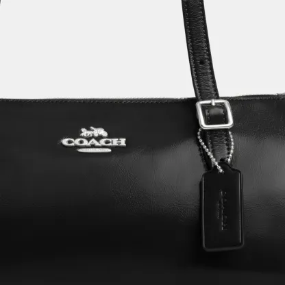 COACH®,Asher Shoulder Bag,Leather,Shoulder Bag,Logo,Metal,Luggage Tag,Adjustable,Compact,Key Ring,Lined,Silver Metal,Casual,Black,Closer View