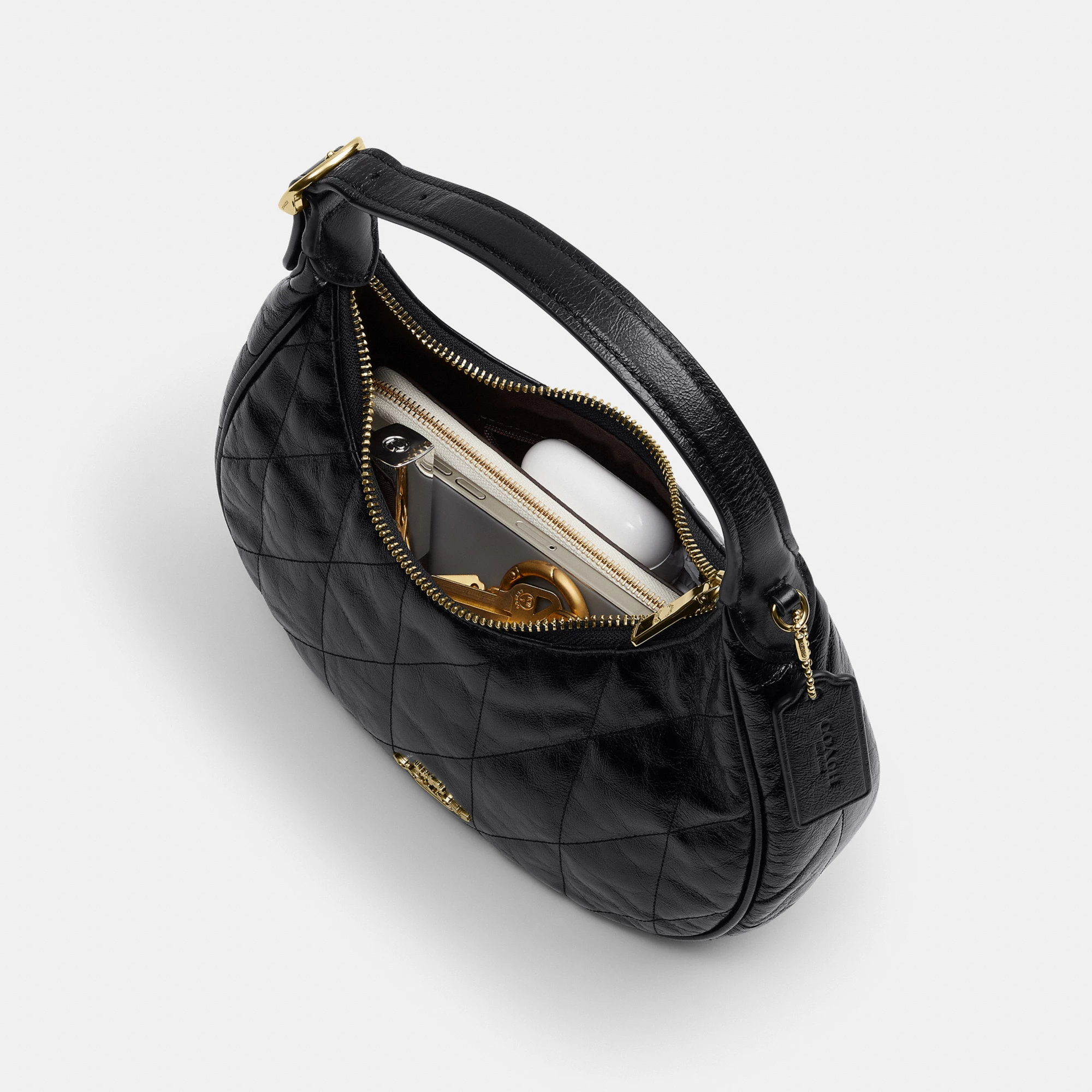 COACH®,Emily Shoulder Bag With Quilting,Recycled Polyester,Leather,Hobo,Pendant,Metal,Sustainable,Adjustable,Gold Metal,Da...,Black,Inside View,Top View