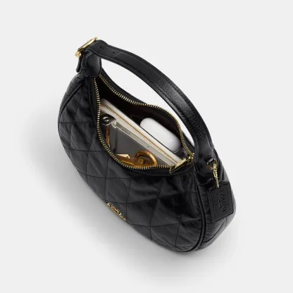 COACH®,Emily Shoulder Bag With Quilting,Recycled Polyester,Leather,Hobo,Pendant,Metal,Sustainable,Adjustable,Gold Metal,Da...,Black,Inside View,Top View