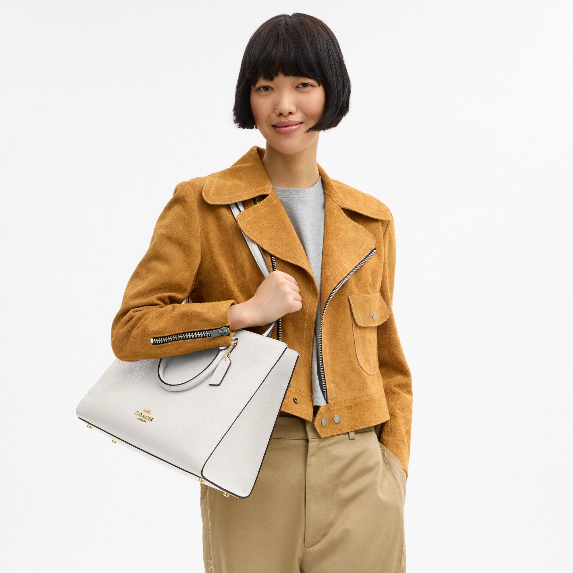 COACH®,Maggie Tote Bag,Leather,Tote,Logo,Embossed,Metal,Work,White,Detail View