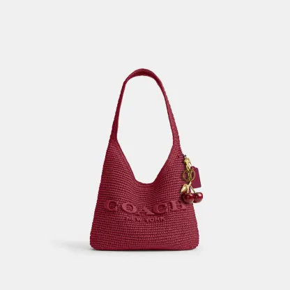 COACH®,Brooklyn Shoulder Bag 28,Calfskin Leather,Hobo,Straw,Applique,Pendant,Logo,Brass,Casual,,Angle View