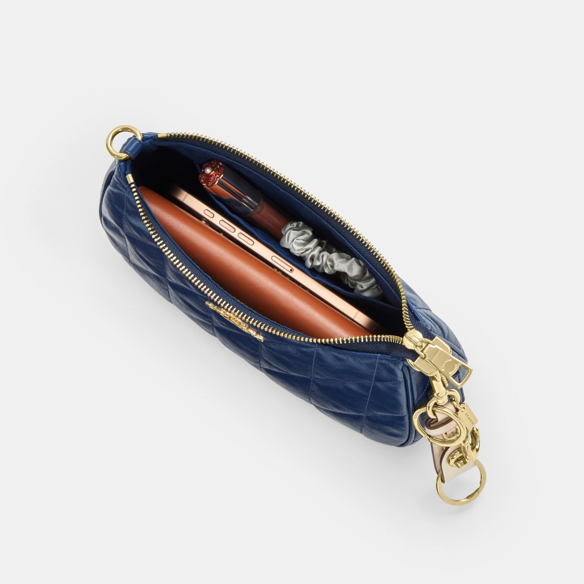 COACH®,Teri Shoulder Bag With Quilting,Recycled Polyester,Leather,Shoulder Bag,Metal,Logo,Silver Metal,Casual,Blue,Inside View,Top View