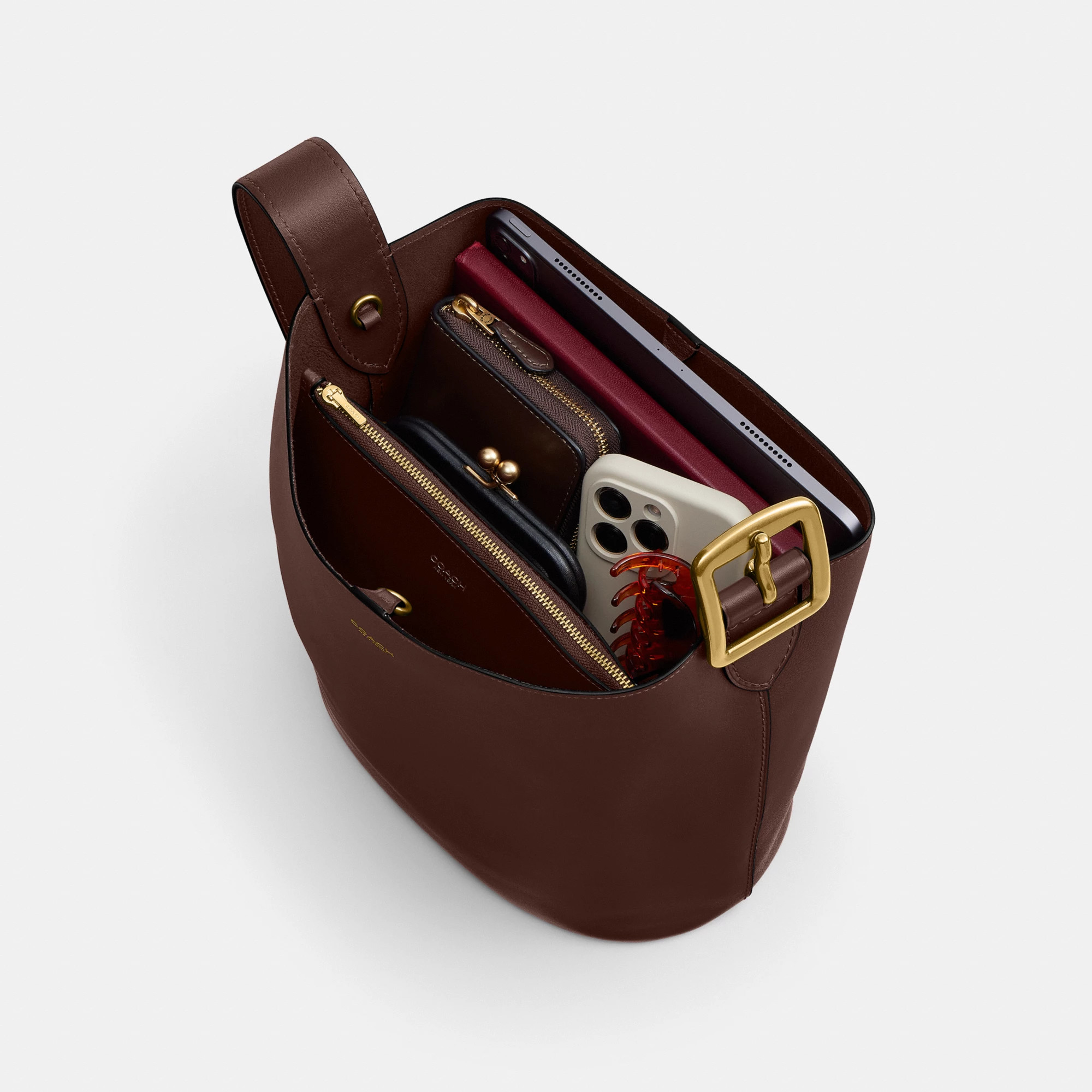 COACH®,Bleecker Bucket Bag,Leather,Bucket,Adjustable,Gold Metal,Casual,Brown,Inside View,Top View