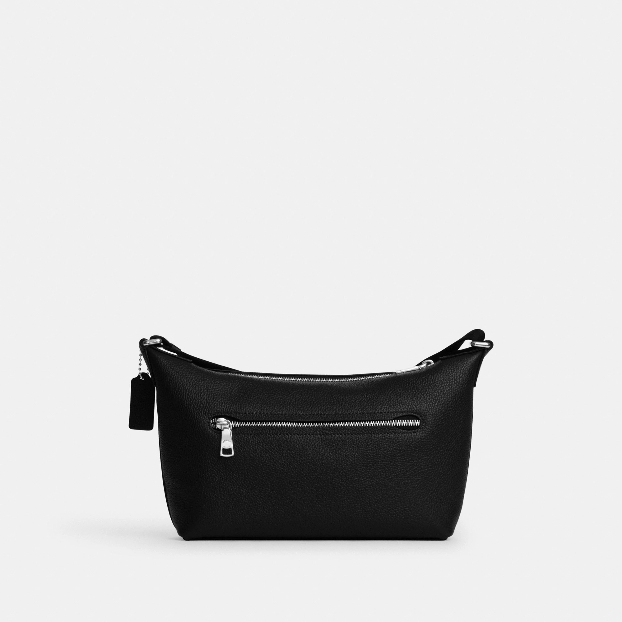 COACH®,Small Finn Crossbody Bag With Pouch,Leather,Recycled Polyester,Crossbody,Pouch,Logo,Set,Adjustable,Silver Metal,Casual,Black,Back View