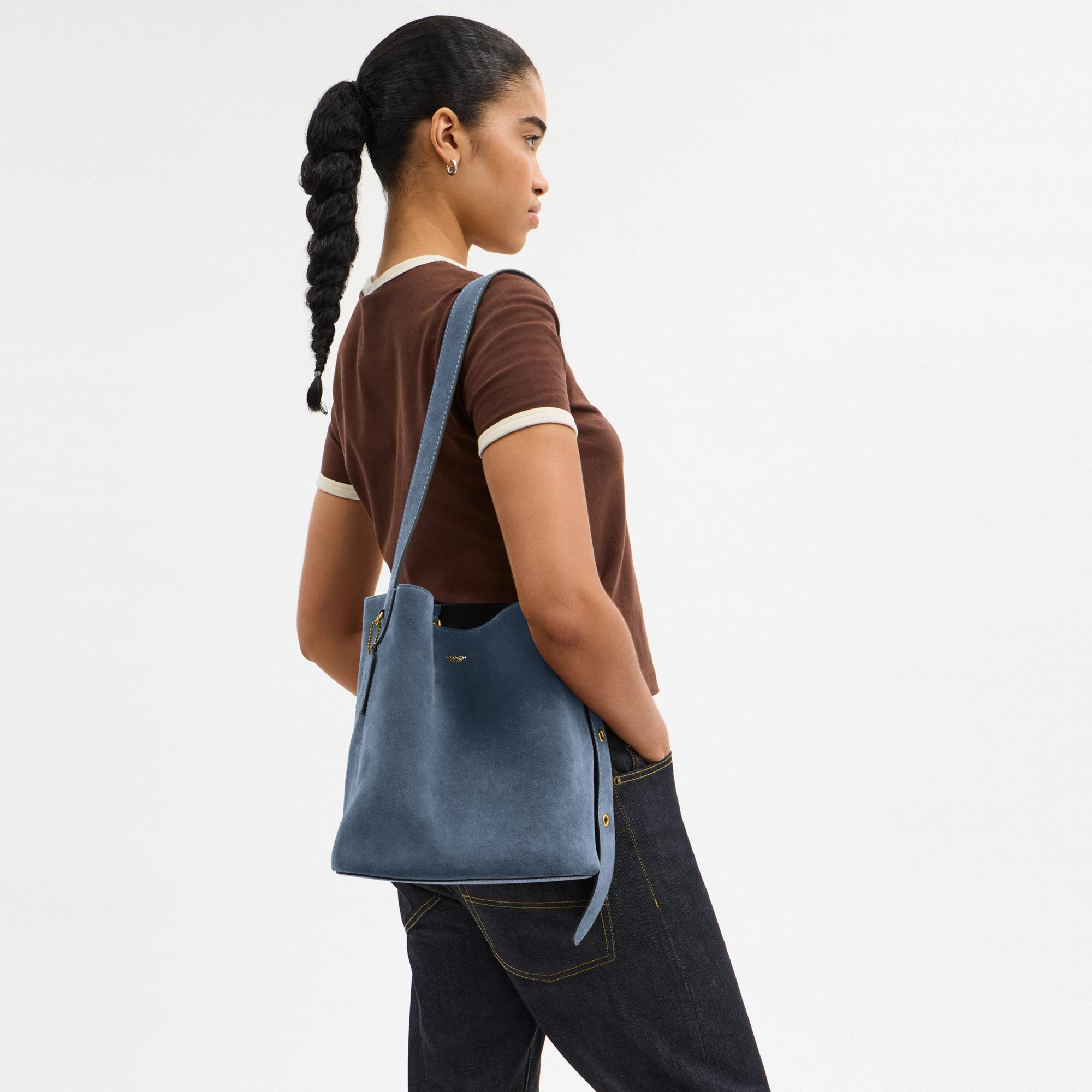COACH®,Bleecker Bucket Bag,Leather,Suede,Bucket,Hobo,Embellished,Lined,Adjustable,Gold Metal,Casual,Navy,Detail View