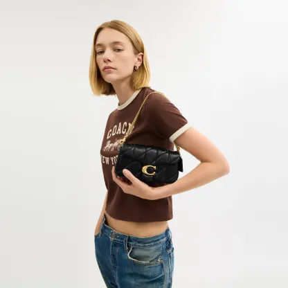 COACH®,Tabby Chain Crossbody Bag 19 With Quilting,Lining Leather,Leather,Crossbody,Wristlet,Logo,Pattern,Stitching,Embelli...,Black,Detail View