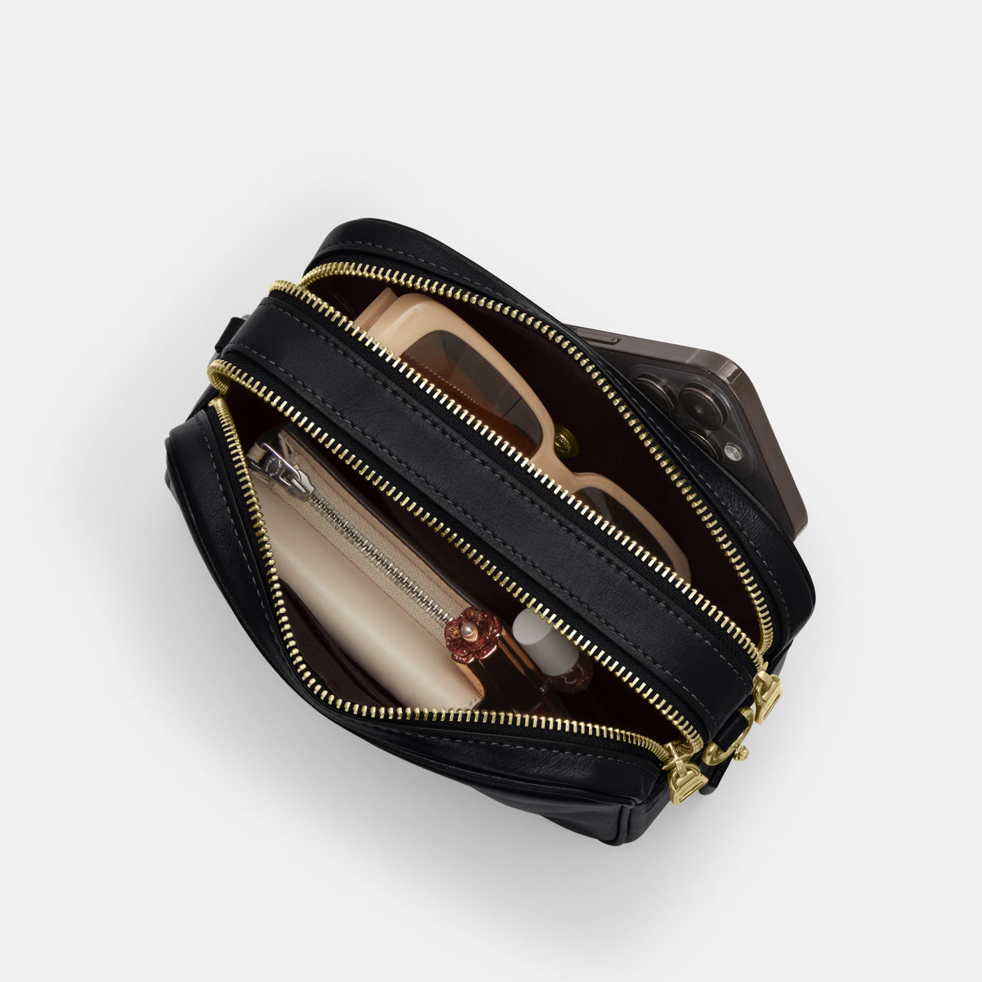 COACH®,Mini Carey Crossbody Bag,Leather,Recycled Polyester,Crossbody,Logo,Metal,Casual,Black,Inside View,Top View
