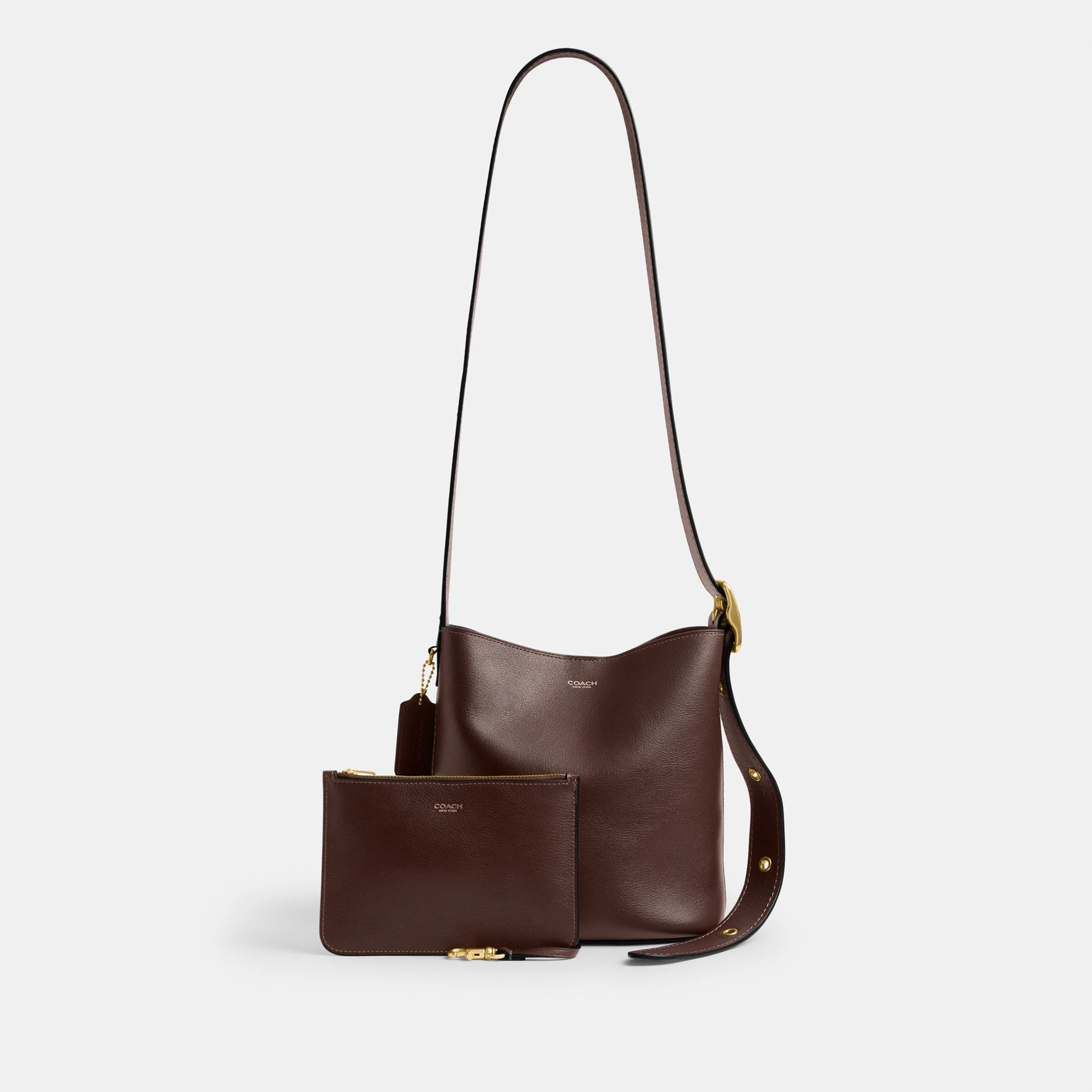 COACH®,Bleecker Bucket Bag 21,Leather,Bucket,Adjustable,Compact,Removable Pouch,Gold Metal,Casual,Brown,Angle View