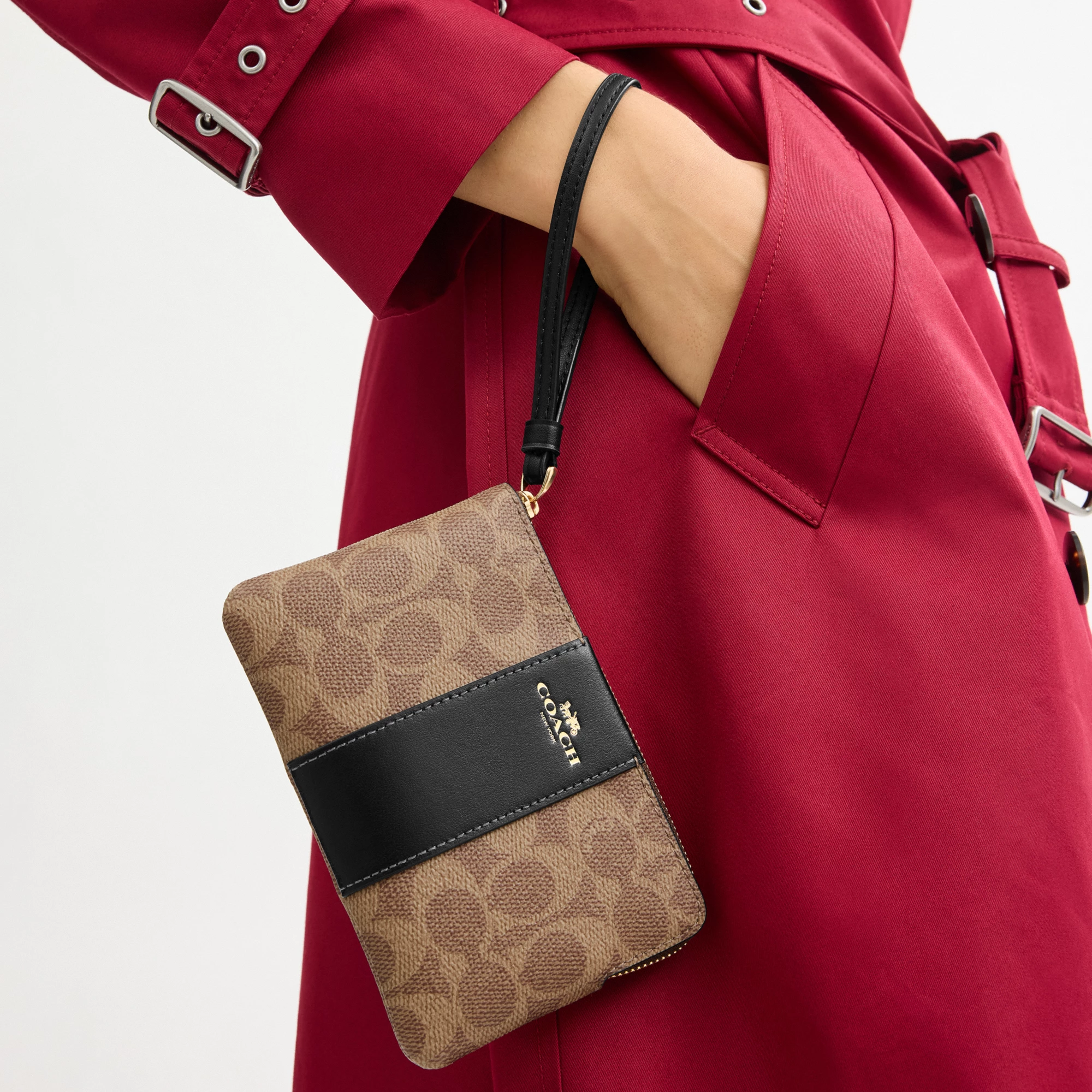 COACH®,Corner Zip Wristlet In Signature Canvas With Stripe,Wristlet,Pouch,Color Block,Casual,Brown,Detail View