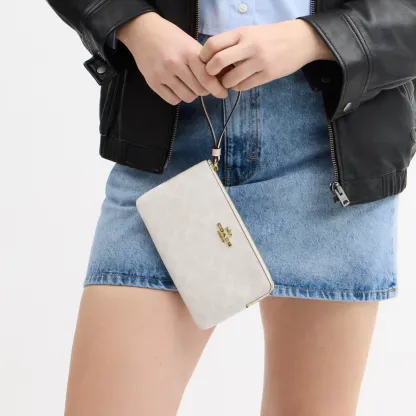 COACH®,Large Corner Zip Wristlet In Signature Canvas,Canvas,Wristlet,Casual,White,Detail View