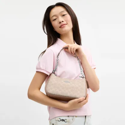 COACH®,Teri Shoulder Bag In Signature Canvas,Shoulder Bag,Logo,Tag Embellishment,Embossed,Metal,Casual,Beige,Detail View