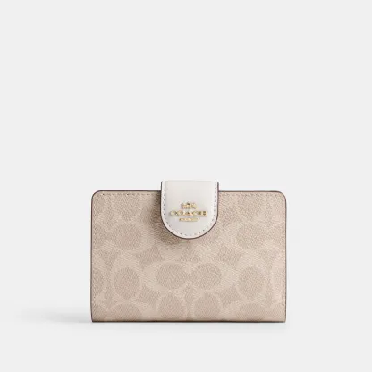 COACH®,Medium Corner Zip Wallet In Signature Canvas,Bi Fold,Coin,Sustainable,Casual,Beige,Front View