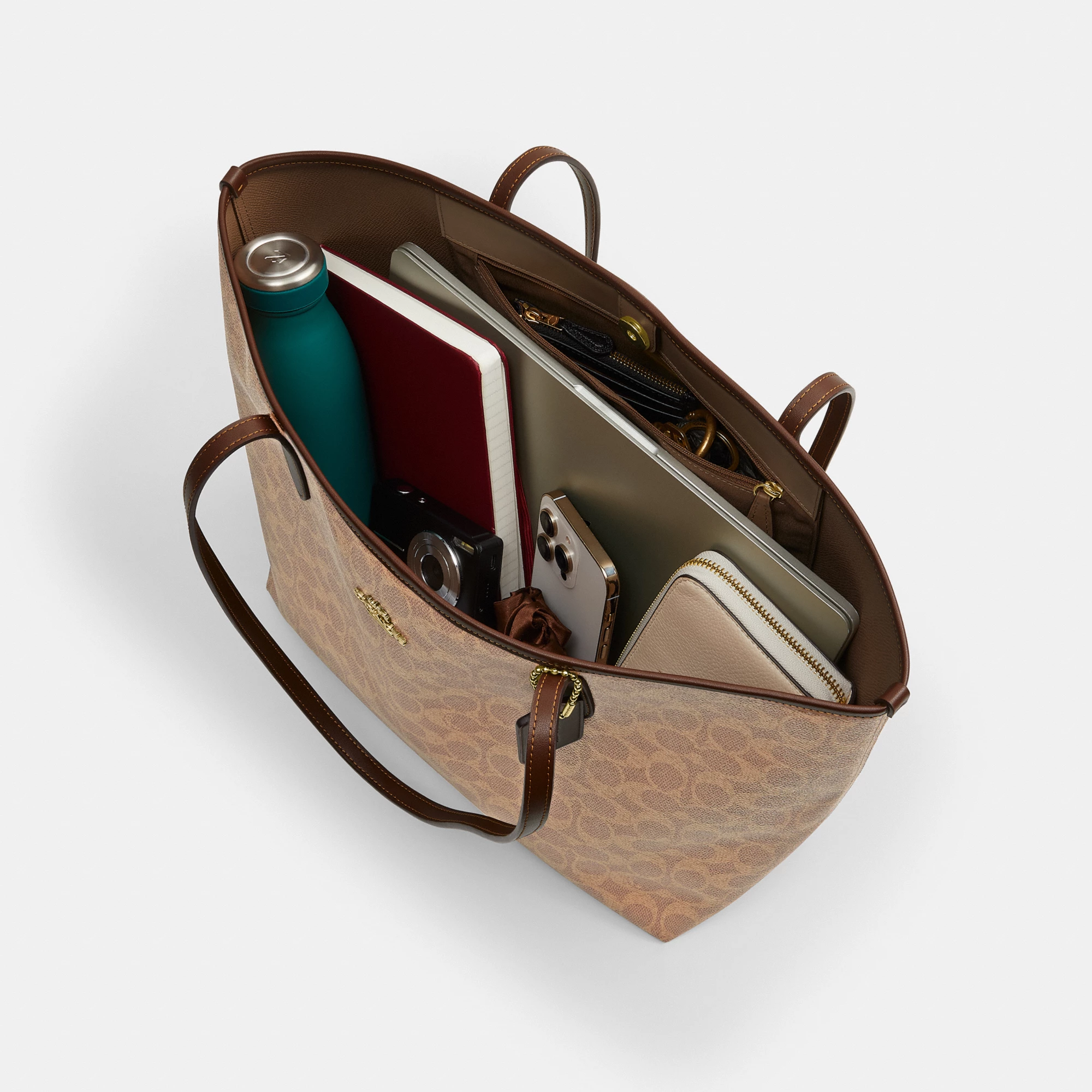 COACH®,City Tote Bag In Signature Canvas,Tote,Metal,Tag Embellishment,Color Block,Embossed,Piping,Logo,Casual,Multi Color,Inside View,Top View