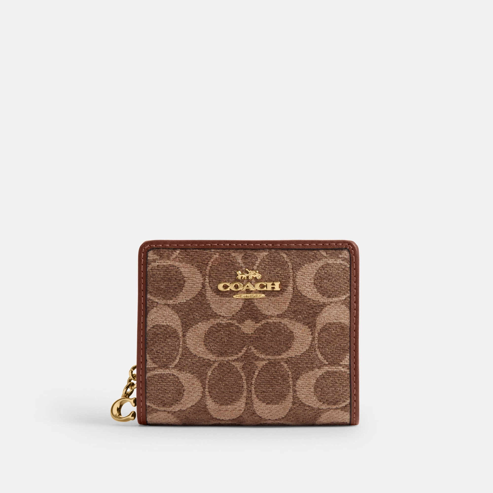 COACH®,Snap Wallet In Signature Chenille,Leather,Bi Fold,Logo,Metal,Key Ring,Casual,Brown,Front View