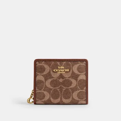 COACH®,Snap Wallet In Signature Chenille,Leather,Bi Fold,Logo,Metal,Key Ring,Casual,Brown,Front View