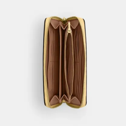 COACH®,Long Zip Around Wallet,Leather,Wristlet,Continental,Logo,Metal,Casual,Gold,Inside View,Top View