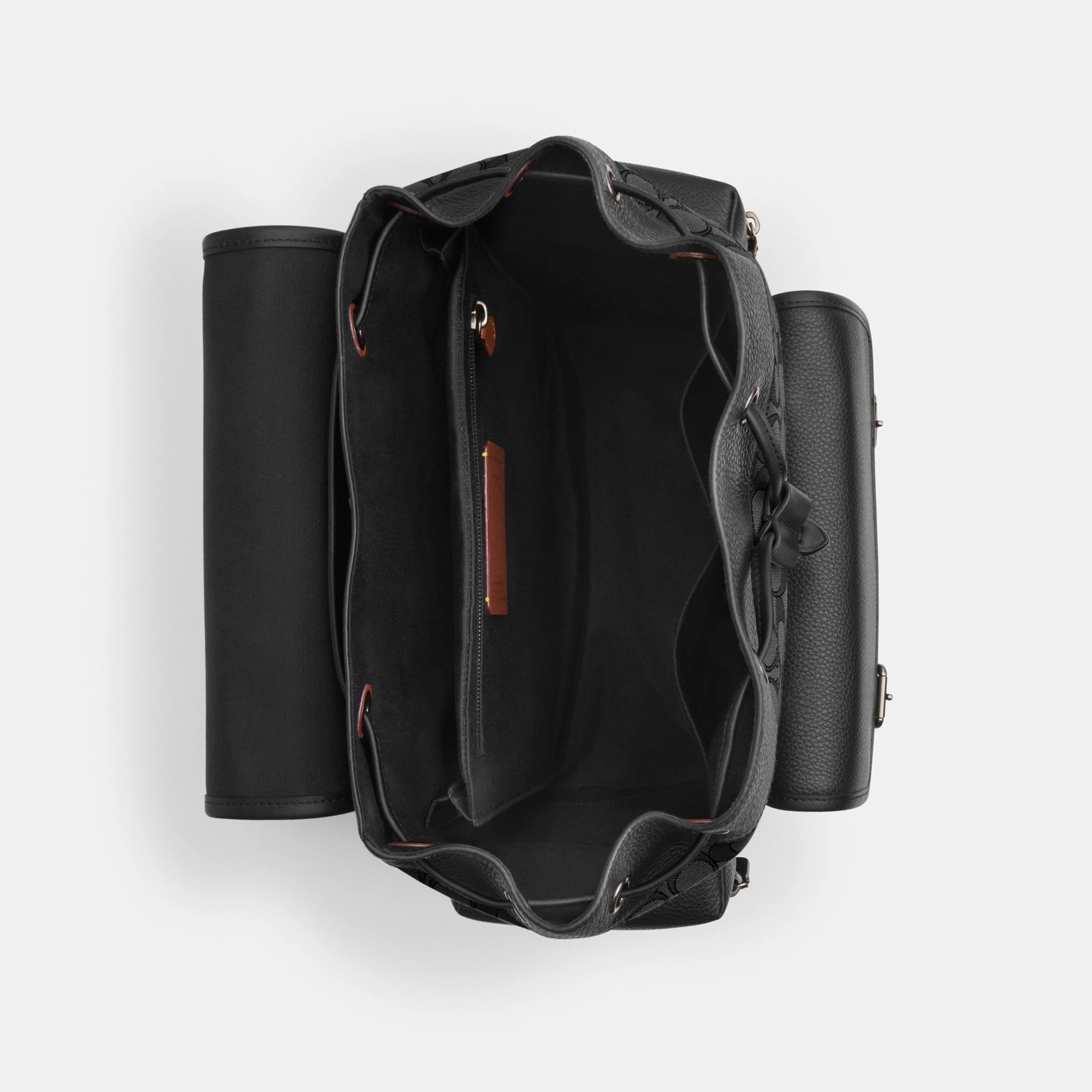 COACH®,Sprint Backpack In Signature Jacquard,Calfskin Leather,Canvas,Backpack,Adjustable,Casual,Black,Inside View,Top View