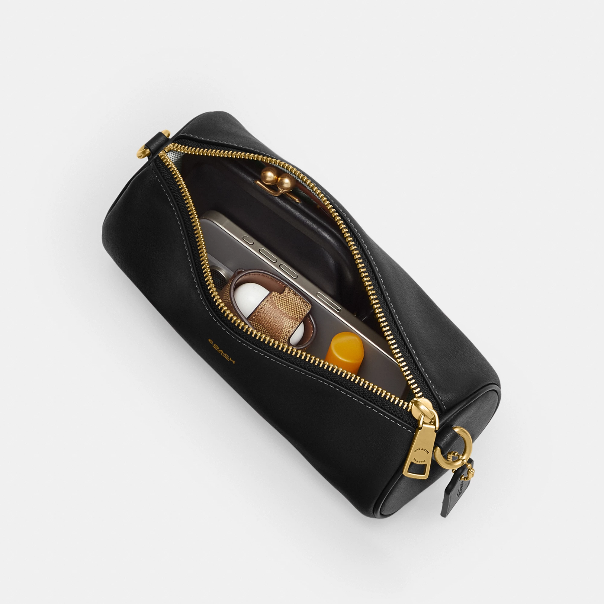 COACH®,Barrel Bag,Cotton,Leather,Barrel Bag,Pendant,Sustainable,Lined,Gold Metal,Day Party,Black,Inside View,Top View